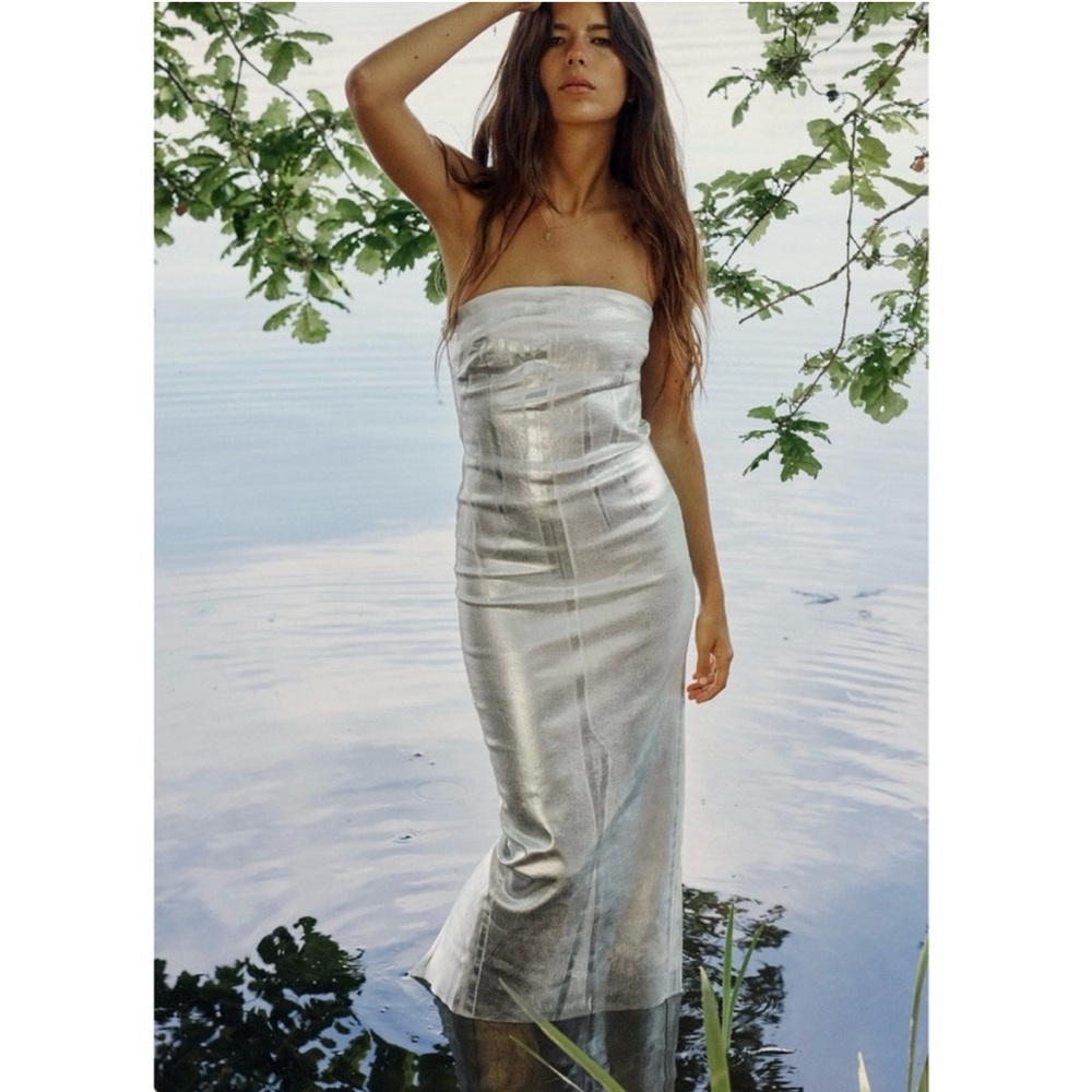 NWT Zara Silver Coated White Denim Strapless Midi Dress